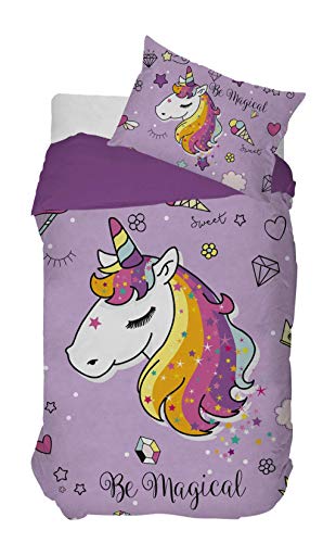 DHestia Juego Funda Nórdica Infantil Niña Reversible + Cojín 50x50 cm. 100% Duvet Set Unicornio Mágico, Algodón, Multicolor, 170x240 cm/Cama 90-105