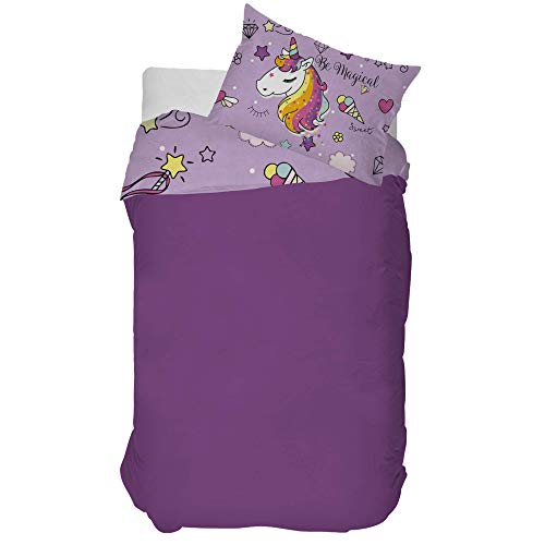 DHestia Juego Funda Nórdica Infantil Niña Reversible + Cojín 50x50 cm. 100% Duvet Set Unicornio Mágico, Algodón, Multicolor, 170x240 cm/Cama 90-105