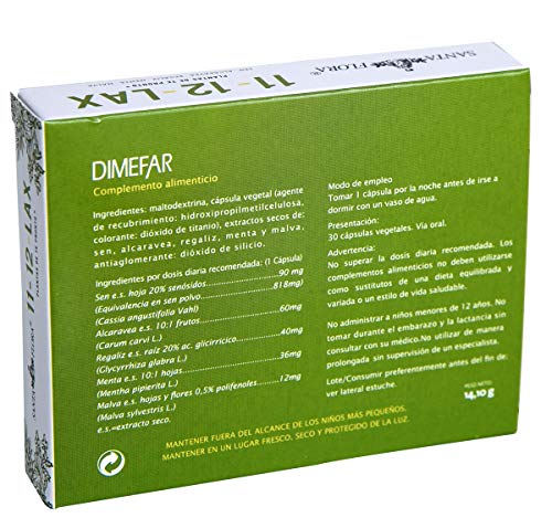 DIMEFAR - Santa Flora 11-12 Lax Bote - Regulador Intestinal - Sen + Alcaravea + Regaliz + Menta + Malva, 30 Cápsulas | Regulador Intestinal