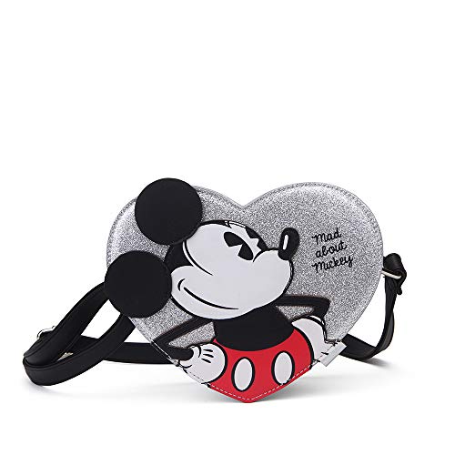 Disney, Mad About Mickey - Bolso Bandolera en Forma de corazón, Cremallera Superior, Color Gris Metálico, Resistente y Duradero, Dim 16 x 16 x 6,5 cm (Opi Brands 11500)