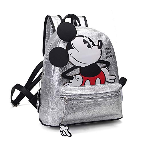 Disney, Mad About Mickey - Mochila Casual o Esolar, Color Plateado, Compartimento y Bolsillo Frontal con Cremalleras, Tirantes Traseros Acolchados, Resistente y Duradera, Dim 30 x 11 x 24 cm