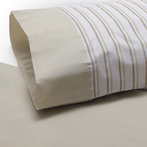 Don Descanso – Juego de Sábanas y Fundas de Almohada Vega, Sábana Bajera Ajustable, Sábana Encimera y Funda de Almohada para Cama de 135cm. (Disponible Varios tamaños y Colores) Estampado Rayas Beige