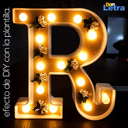 DON LETRA Letras Luminosas Decorativas con Luces LED, Letras del Alfabeto A-Z, Altura de 22cm, Color Blanco - Letra R