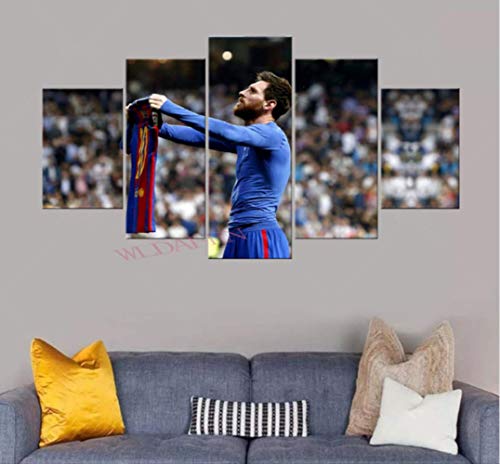 DPFRY Cuadro En Lienzo Barcelona Messi Y Su Imagen De Ropa para La Pared Arte De La Pared Decoración De Impresión En HD Obras De Arte Modernas Poste De Fútbol 5 Piezas 150X100Cm Sin Marco