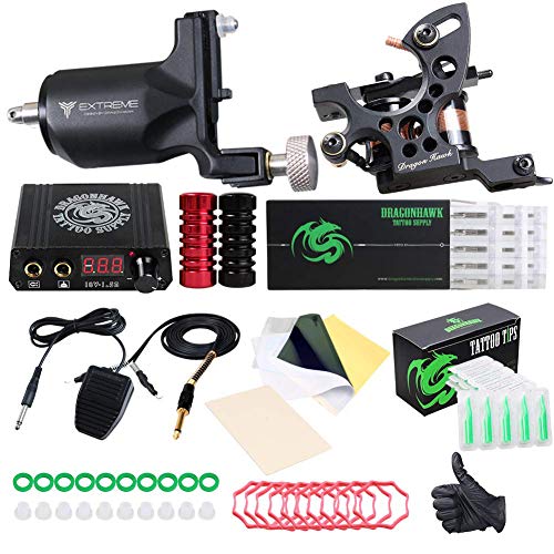 Dragonhawk Extreme Tattoo Kit 2 Pro Tattoo Machines Rotary Machine Coil Gun Power Supply Disposable Needles Tip Foot Pedal EUYMX10-2