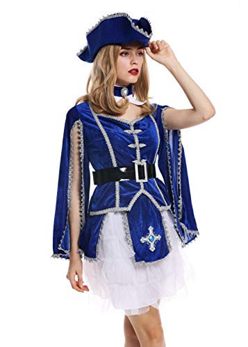 dressmeup - W-0284 Disfraz Mujer Feminino Halloween Carnval Mosquetero Soldado Barroco Gato con Botas Sombrero Azul Talla S