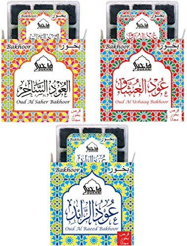 Dukhni Oud Bakhoor Pack of 3 Fragrances (Saher, Ushaaq & Raeed - 9 pcs Each)