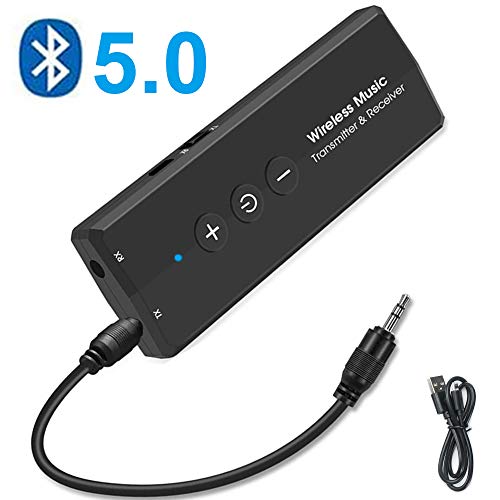 EasyULT Transmisor Receptor Bluetooth 5.0, Inalámbrico Adaptador Portátil Bluetooth 3-en-1 con 3.5mm Audio Cable, para PC/TV/Auriculares/Altavoces/Estéreo/Radio - Negro