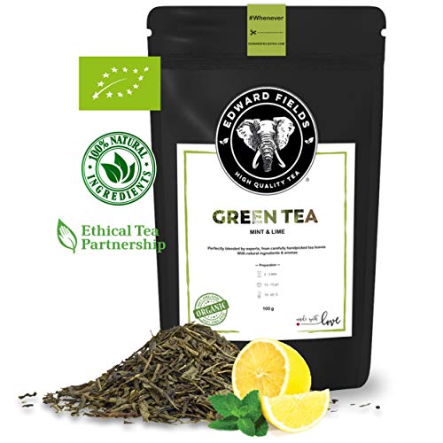 Edward Fields - Té Verde Orgánico a Granel con Menta y Limón, 100 Gramos. Ingredientes y aromas naturales. Origen: China. Detox, antioxidante, adelgazante