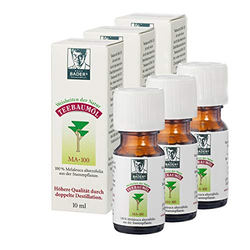 El aceite del árbol de té de BADERs. El clásico de la farmacia. Doble destilado. Desinfectando. La Melaleuca alternifolia australiana. 3 x 10ml