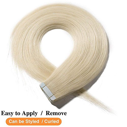 Elailite Extensiones de Pelo Natural Adhesivas Cabello Remy Humano - 60 cm #60 Rubio Platino - [2.5g *40 Piezas] 100g Tape in Hair Extension Liso