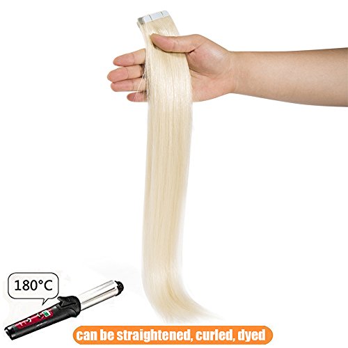 Elailite Extensiones Sin Clips Adhesivas Naturales 100% Remy Pelo Humano [2.5g *20 Unidads] 50g - 40 cm #60 Rubio Platino - Tape in Hair Extension Lisa