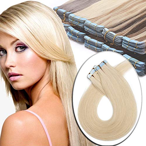 Elailite Extensiones Sin Clips Adhesivas Naturales 100% Remy Pelo Humano [2.5g *20 Unidads] 50g - 40 cm #60 Rubio Platino - Tape in Hair Extension Lisa