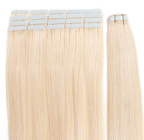 Elailite Extensiones Tape Pelo Natural Adhesivas Cabello Humano 100% Remy Hair Liso - 45 cm #60 Rubio Platino [2.5g *20 Piezas] 50g