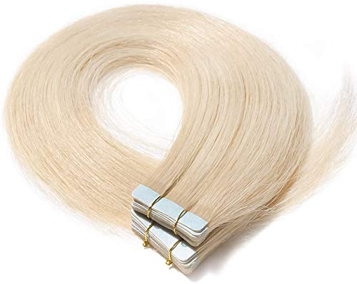 Elailite Extensiones Tape Pelo Natural Adhesivas Cabello Humano 100% Remy Hair Liso - 45 cm #60 Rubio Platino [2.5g *20 Piezas] 50g