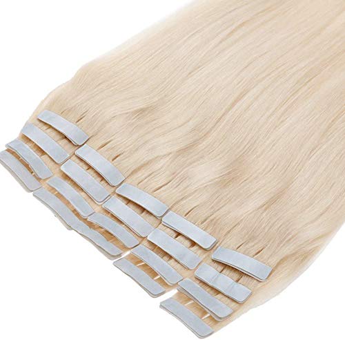 Elailite Extensiones Tape Pelo Natural Adhesivas Cabello Humano 100% Remy Hair Liso - 45 cm #60 Rubio Platino [2.5g *20 Piezas] 50g