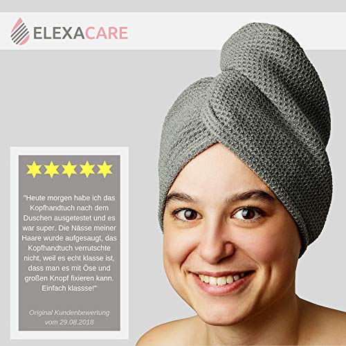 ELEXCARE Toalla Turbante de Microfibra Absorbente para un rápido Secado de Pelo (Paquete de Toallas, 2 Unidades, Gris, ca. 28x65 cm). Todo Tipo de Cabello.