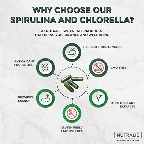 Espirulina & Chlorella 1800mg | Detox, Energía, Fuerza y Efecto Saciante | Superalimento Rico en Proteínas y Vitaminas | 180 Capsulas 100% Veganas | Nutralie