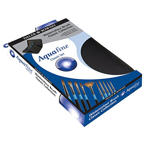 Estuche con Cremallera con 10 Pinceles para Acuarela DALER ROWNEY Aquafine : Redondo 0, 2, 4, 6, 10, Abanico 2, Liner Extralargo 4, Plano Cuadrado 1/2, Plano Medio 2, 6