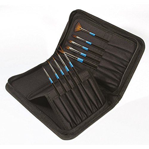 Estuche con Cremallera con 10 Pinceles para Acuarela DALER ROWNEY Aquafine : Redondo 0, 2, 4, 6, 10, Abanico 2, Liner Extralargo 4, Plano Cuadrado 1/2, Plano Medio 2, 6