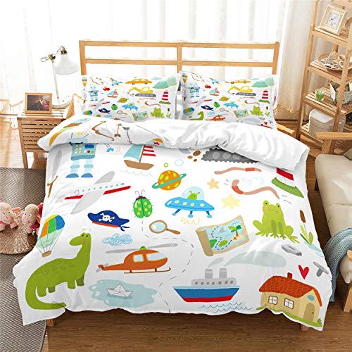 EU-VV Juego De Cama Funda Nórdica Microfibra Cepillada 3D Construccion De Edificios Niños Niño Y Niña 1 Funda Nórdica + 2 Funda De Almohada 50x75cm ((150x200cm)-Cama de 90,Avion Dinosaurio)