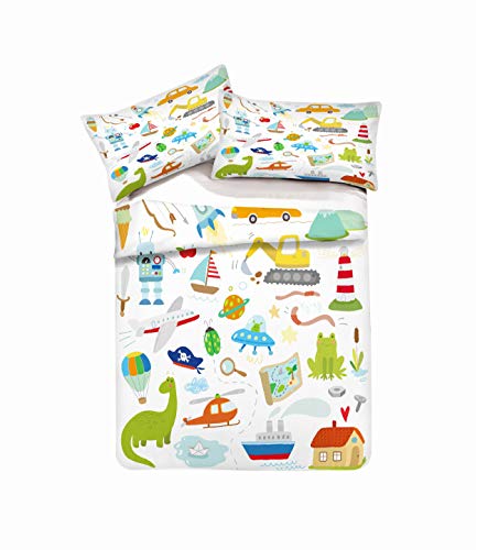 EU-VV Juego De Cama Funda Nórdica Microfibra Cepillada 3D Construccion De Edificios Niños Niño Y Niña 1 Funda Nórdica + 2 Funda De Almohada 50x75cm ((150x200cm)-Cama de 90,Avion Dinosaurio)