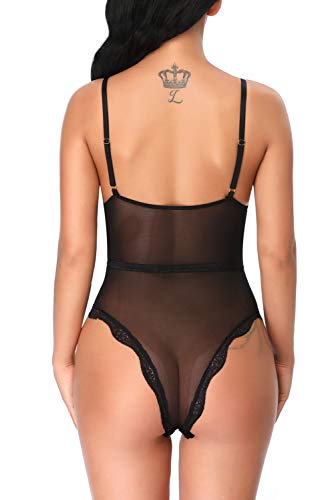 Evelife Body Encaje Mujer Sexy Teddy Bodysuit Ropa Interior V Profundo Snap Crotch Ropa de Dormir Lencería Transparente(Negro L)