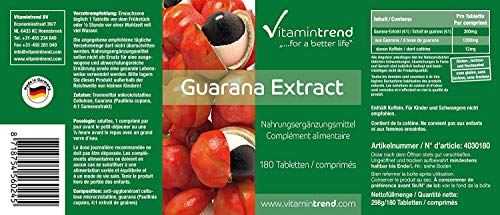 Extracto de guaraná 300mg – 4 veces mayor concentración – vegano – tratamiento para 6 meses – 180 comprimidos