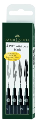 Faber-Castell 167100 - Pack de 4 rotuladores Pitt Artist Pens Black, diferentes grosores, color negro