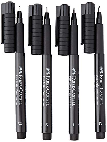 Faber-Castell 167115 - Pack de 4 rotuladores Pitt Artist Pens Black Fineliner, surtido de 4 puntas, XS, S, F, M, color negro