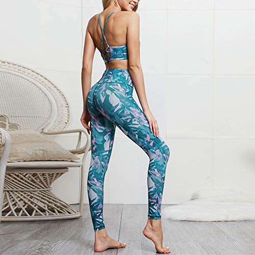 Fansu Conjunto Ropa Deportiva Mujer, Deportivos Entrenamiento Fitness Yoga Top y Pantalones Leggings Raya Lateral Set Chandal Estampada Running Pilates (L,Hojas Azules)