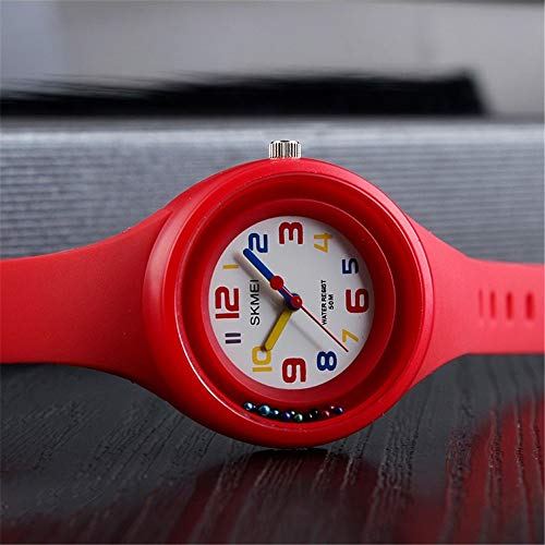 FeiWen Fashion Casual Niño y Niña Relojes de Pulsera Cuarzo Analógico 50M Impermeable Número Reloj Plástico Bisel con Goma Correa (Rojo)