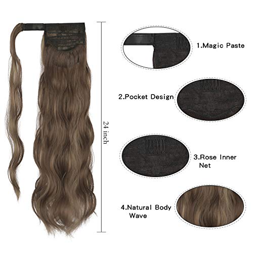 FESHFEN Coleta Postiza Rizada Pelo Natural, 60 cm Largo Ondulado Wavy Ponytail Extension Cola de Caballo Extensiones Clip Postizos de Pelo Rizado para Mujeres Chica