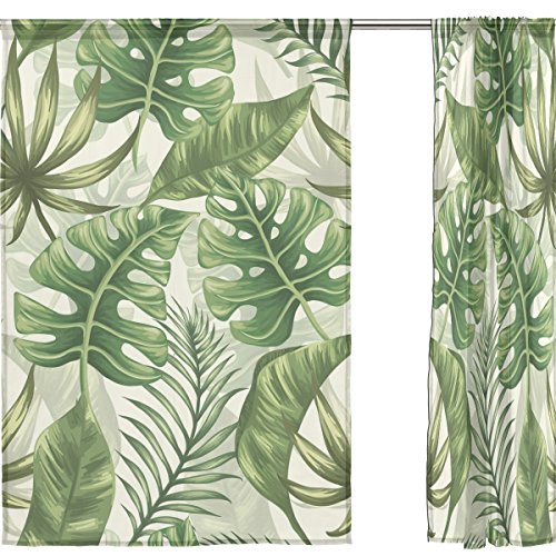 FFY Go Sheer Voile Cortina De Ventana Tela De Poliéster Material Impreso, Diseño De Hojas De Hoja Tropical para Decoración De Dormitorio Casa Puerta Decoración Cocina Salón 2 Paneles 78 X 55 Pulgadas