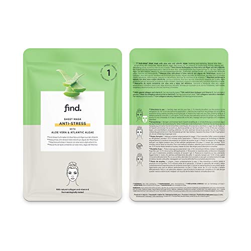 FIND - Mascarilla hidrogel, sin goteo, antiestrés con aloe vera y algas atlánticas, pack de 10 unidades