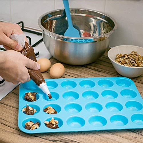 FINGER TEN Muffin Pan de Silicona Cupcake Set 24 moldes de Mini Tazas, moldes antiadherentes sin BPA para Alimentos (2 Azul + 2 Clip de Mano)