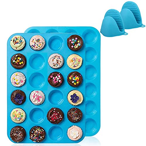 FINGER TEN Muffin Pan de Silicona Cupcake Set 24 moldes de Mini Tazas, moldes antiadherentes sin BPA para Alimentos (2 Azul + 2 Clip de Mano)