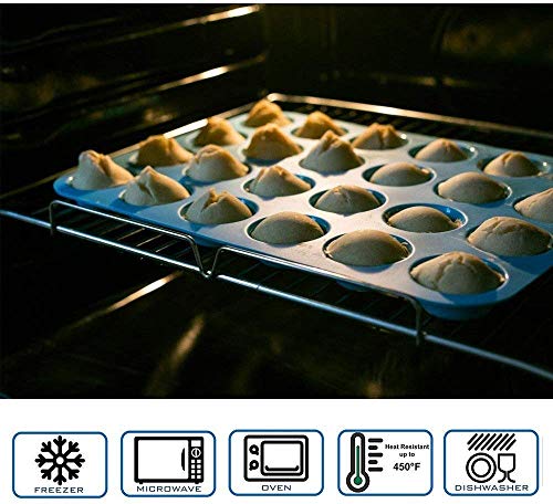 FINGER TEN Muffin Pan de Silicona Cupcake Set 24 moldes de Mini Tazas, moldes antiadherentes sin BPA para Alimentos (2 Azul + 2 Clip de Mano)