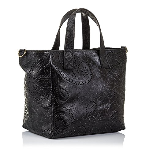 FIRENZE ARTEGIANI. Cassandra Bolso Tote Mujer.Piel auténtica Gamuza Grabado Arabesco .Made in Italy. Vera Pelle Italiana.32x14x23 cm. Color: Negro