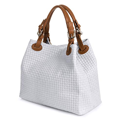 Firenze ARTEGIANI.Bolso de Mujer Piel auténtica.Bolso Tote Cuero Genuino Grabado Serpiente.Asa Hombro y Correa Bandolera. Made IN Italy. Vera Pelle Italiana. 33x29x17 cm. Color: Blanco