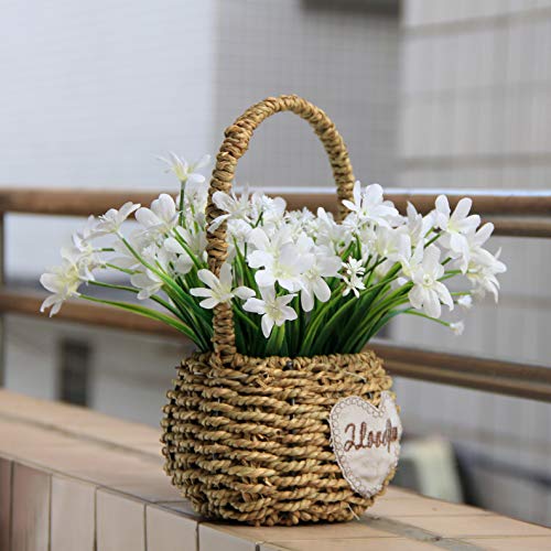 Flikool Flores Artificiales de Seda con Cesta de Flores Tejidas Falsas Narcisos con Jarrón Orquídeas Plantas Artificiales en Maceta Bonsai Verdes Arbustos para Ventana Balcón Interior - Blanco