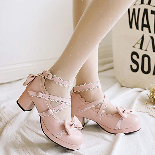 FOLOPOBO Mujer Sweet Lazos Lolita Zapatos with Lace Tacón Ancho Punta Redonda Pumps Tira de Tobillo Vestido Zapatos Pink Talla 39 Asiática