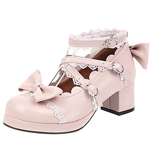 FOLOPOBO Mujer Sweet Lazos Lolita Zapatos with Lace Tacón Ancho Punta Redonda Pumps Tira de Tobillo Vestido Zapatos Pink Talla 39 Asiática