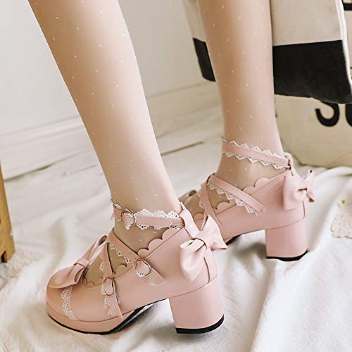 FOLOPOBO Mujer Sweet Lazos Lolita Zapatos with Lace Tacón Ancho Punta Redonda Pumps Tira de Tobillo Vestido Zapatos Pink Talla 39 Asiática