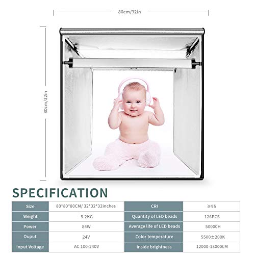 FOSITAN Caja de Luz 80 * 80cm/32" Caja de Fotografía portátil Estudio fotográfico, 126 LED Luz de Día 5500K Foto Estudio con 2 Tiras de LED, 3 Fondos (Blanco/Negro/Naranja) y Bolsa de Transporte