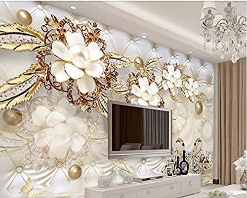 Fotomurales Poster,Mural de pared artístico Panorama Autoadhesivo de gran tamaño Custom 3D Gold White Flower Soft Pack Ball Jewelry Flower Tv Background Wallpapers Home Decor-250cmx175cm