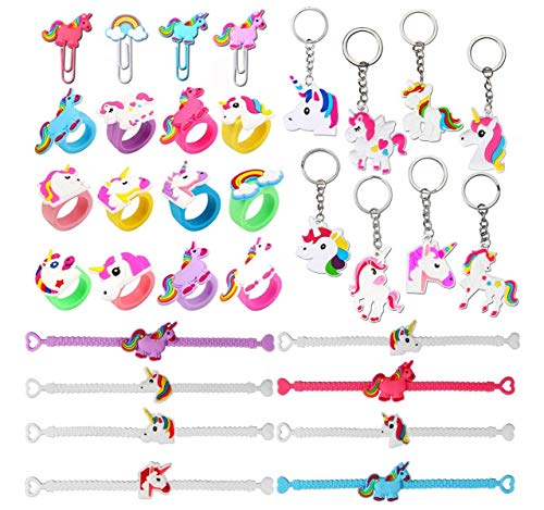 Funnyshow Unicornio Llavero (8pcs) Unicornio Pulsera de Silicona (8pcs) Unicornio Anillo (6pcs) Unicornio Marcador (4pcs) para Piñata, Unicornio Fiesta de Cumpleaños Regalo para Niños Niñas