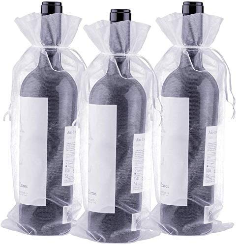 G2PLUS 30PCS Bolsas para Botellas de Vino de Organza Bolsas de Regalo para Botellas de Vino de750 ml con Cordón para Envolver Botellas de Vino,Blanco14 x 37 CM