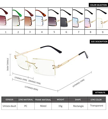 Gafas de sol con montura cuadrada ultra pequeña para mujer Hombre Gafas de sol sin montura retro con lente transparente