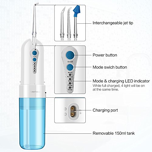 GEEDIAR Irrigador Bucal, Irrigador Dental Portátil USB Recargable Eléctrico Inalámbrico IPX7 Impermeable 150ml Irrigador Oral con 5 Boquillas y Nariz, Aprobado por la FDA, Azul / Blanco